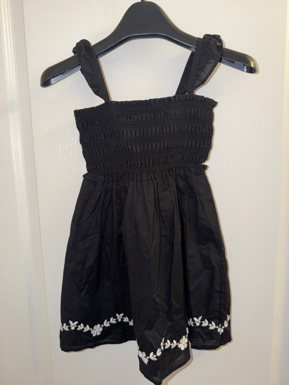 Girls' Black Smocked Sundress with White Floral Trim